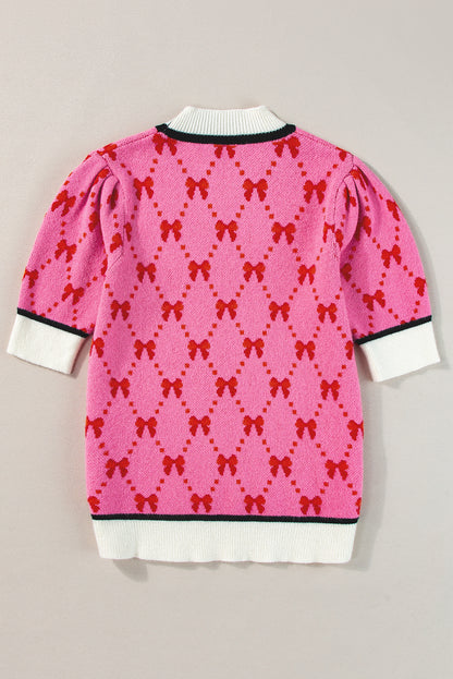 Pink Bow Print Short Sleeve Sweater top