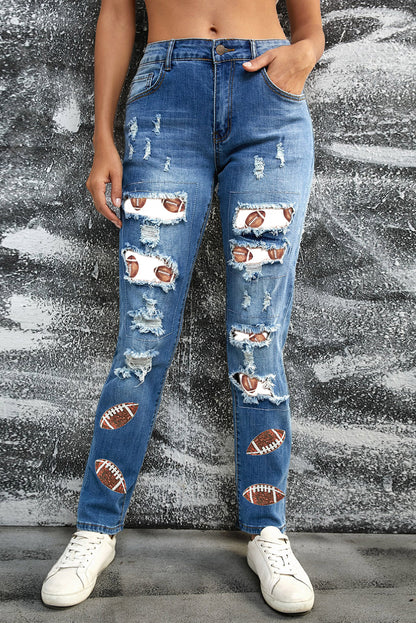 Sky Blue Sequin Rugby Football Patchwork Distressed Straight Leg Jeans