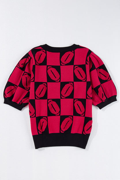 Red Rugby Checkered Color Block Puff Sleeve Knit Top