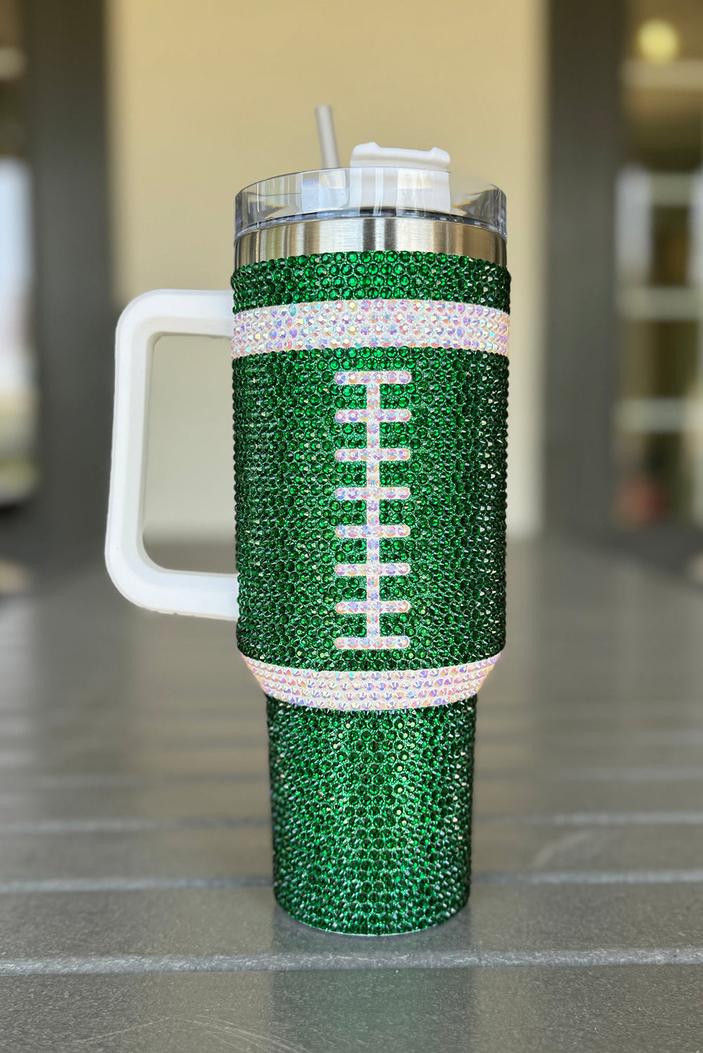 Dark Green 40oz Rhinestone Rugby Football Handle Vacuum Cup