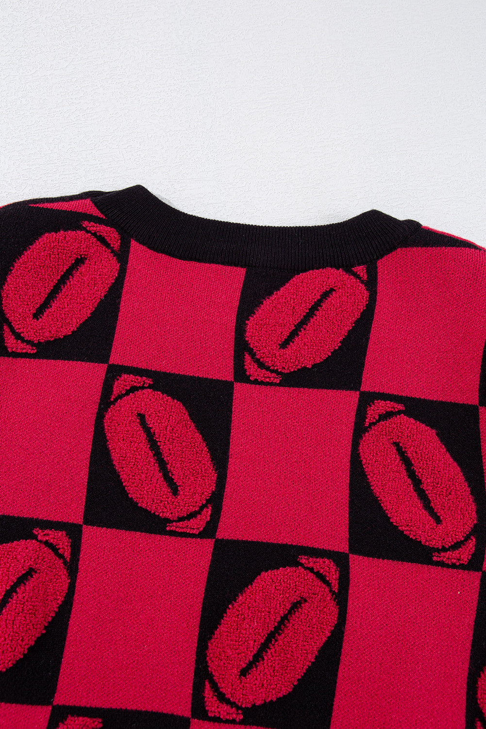 Red Rugby Checkered Color Block Puff Sleeve Knit Top