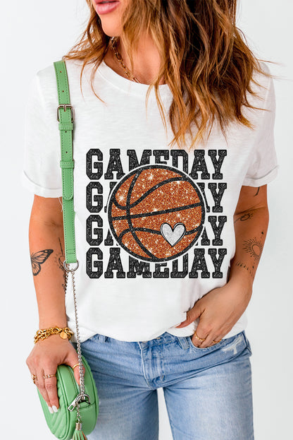 White GAME DAY Rugby Football Heat Transfer Printing Graphic Round Neck T Shirt