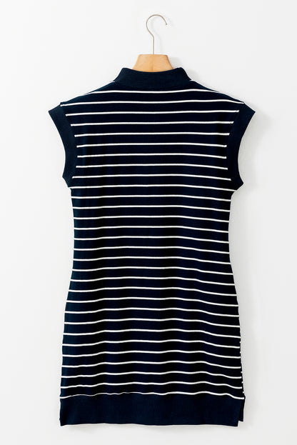 Navy Blue Quarter Zip Collared Cap Sleeve Mini Dress