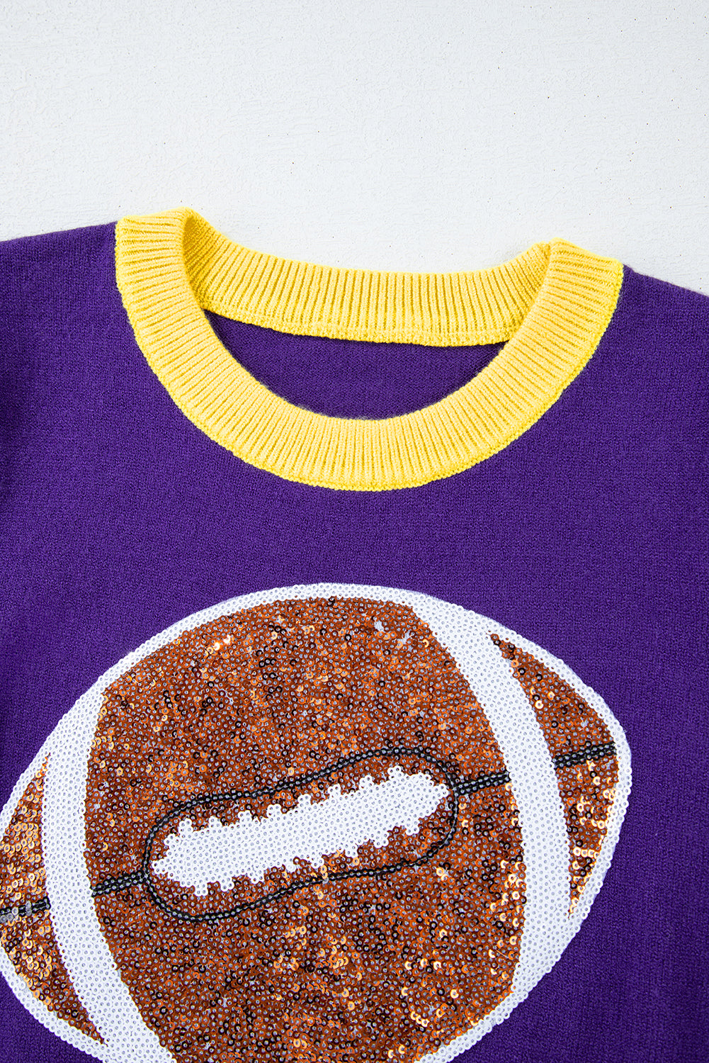 Purple Sequin Rugby Color Block Puff Sleeve Knit Top