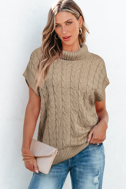 Light French Beige Cable Knit Turtleneck Batwing Sleeve Sweater