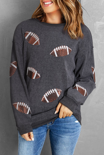 Gray Sequin Rugby Graphic Corded Baggy Sweatshirt