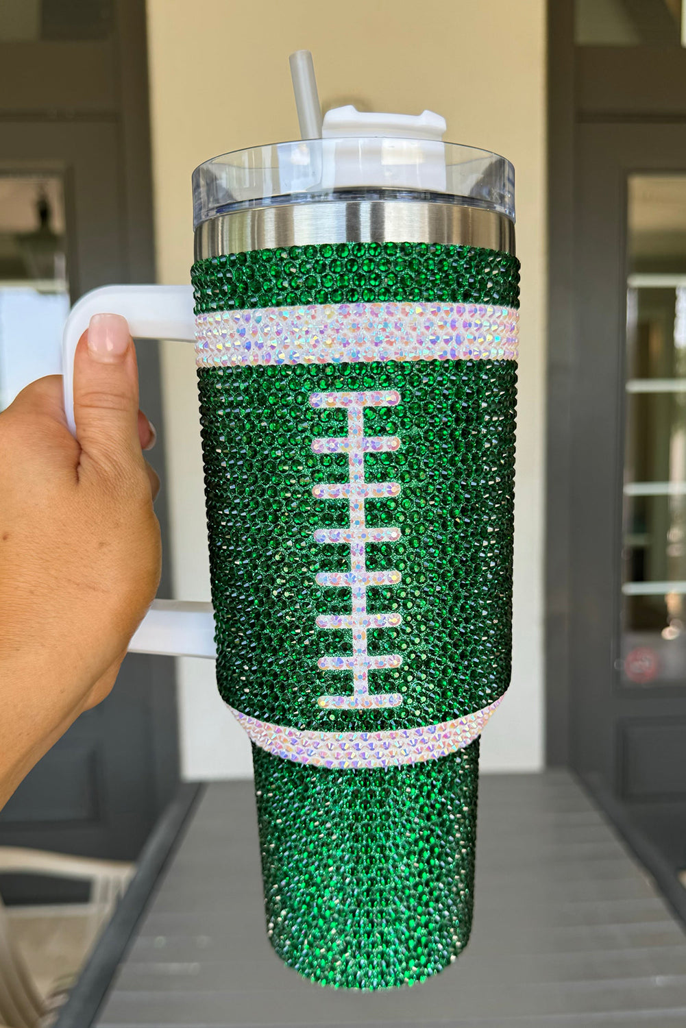 Dark Green 40oz Rhinestone Rugby Football Handle Vacuum Cup