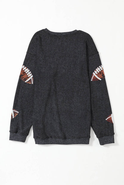 Gray Sequin Rugby Graphic Corded Baggy Sweatshirt