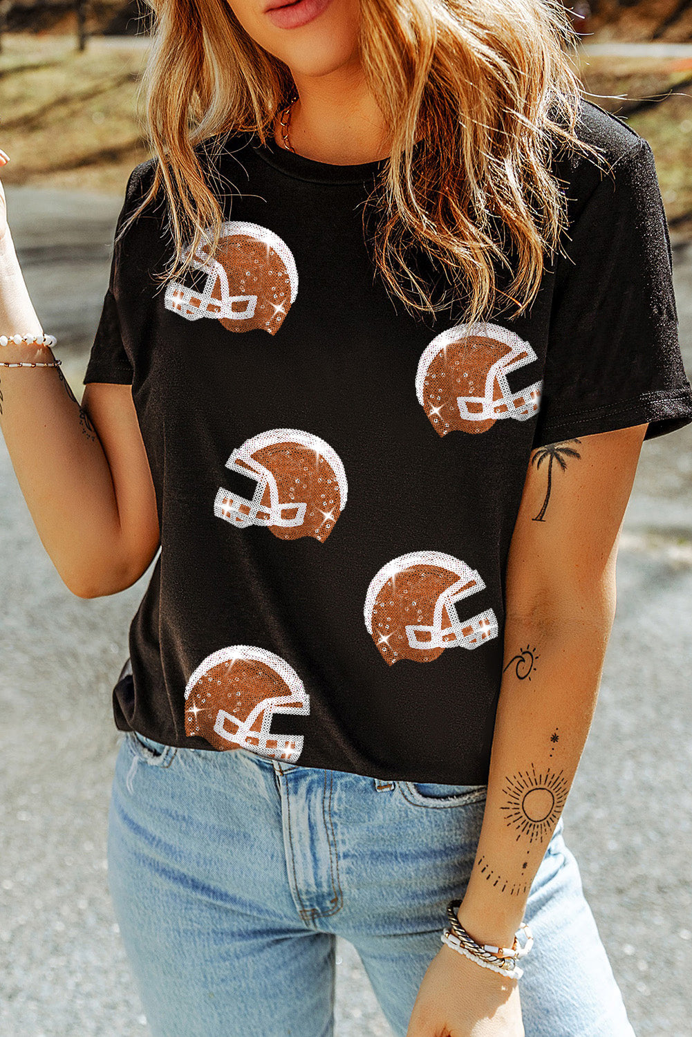 Black Sequin Baseball Helmet Graphic Crewneck T Shirt