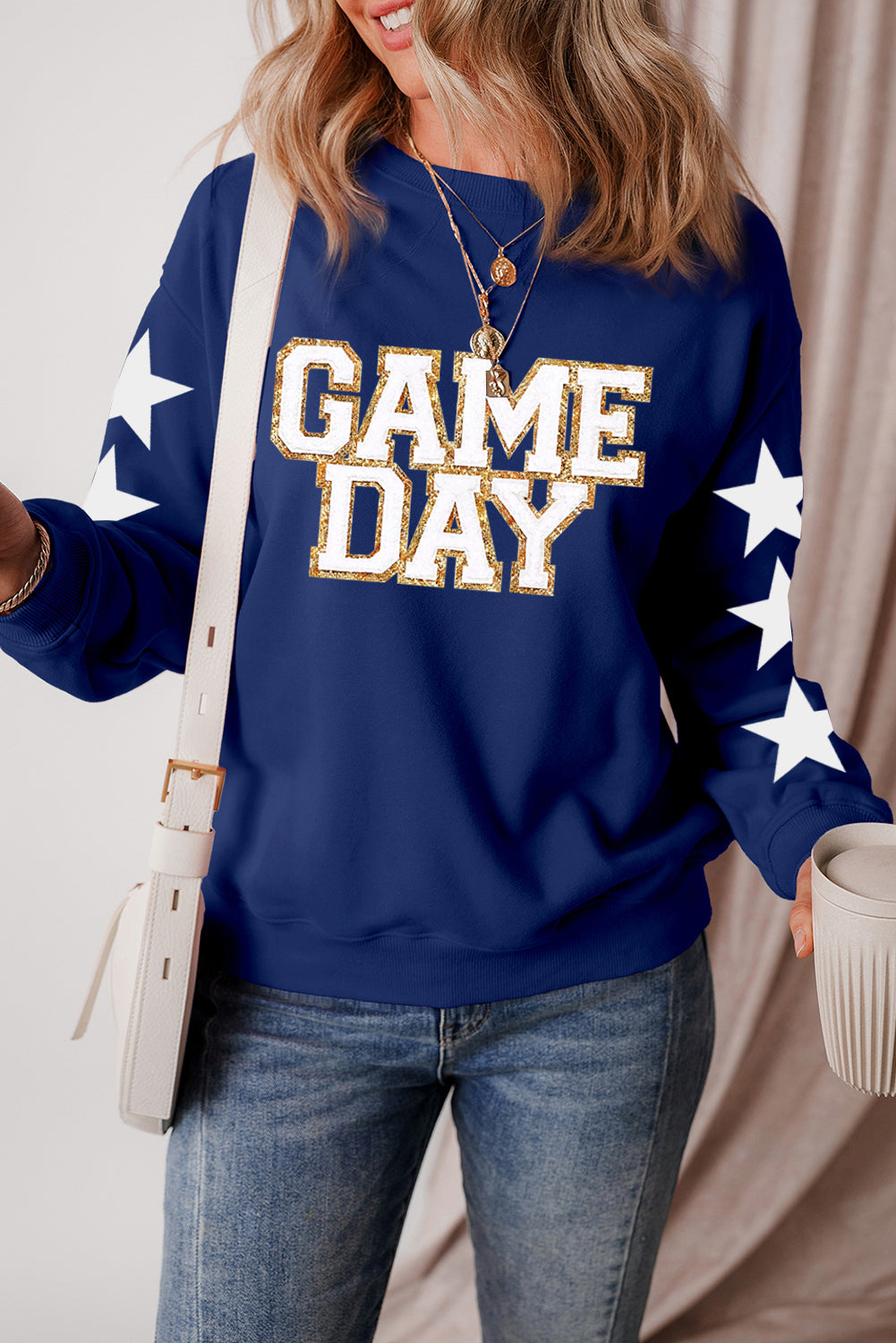 Navy Blue GAME DAY Star Sleeve Graphic Pullover Sweatshirt