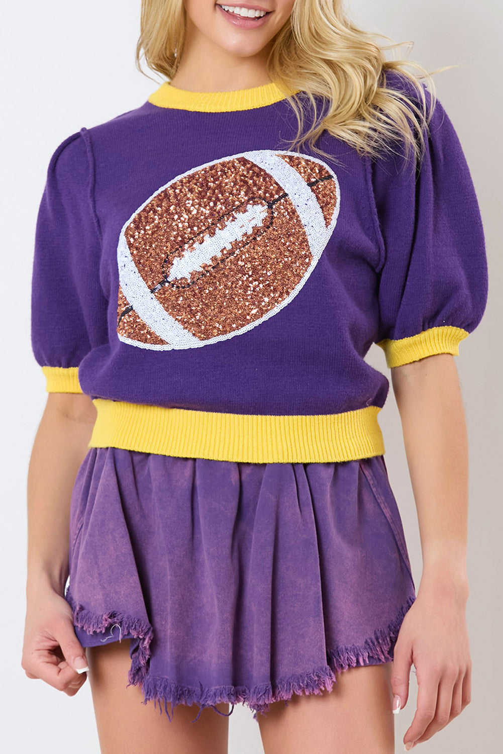 Purple Sequin Rugby Color Block Puff Sleeve Knit Top