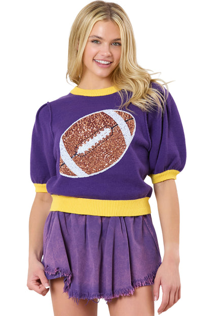 Purple Sequin Rugby Color Block Puff Sleeve Knit Top