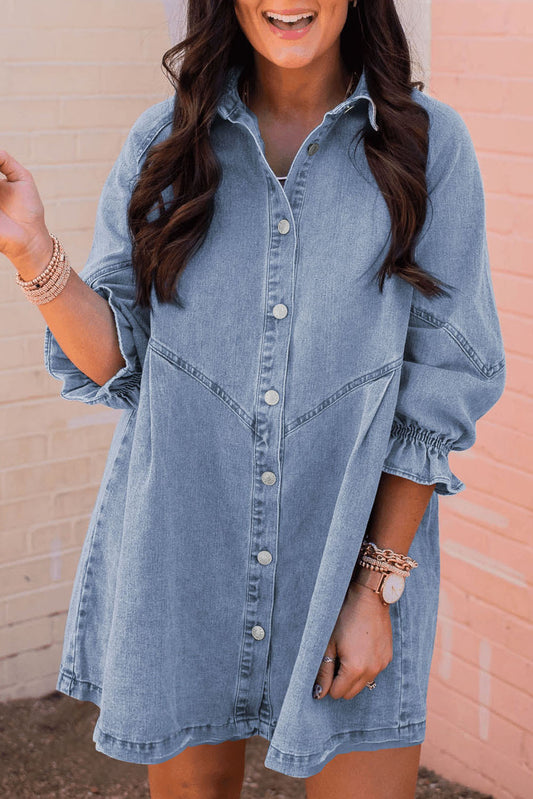 Sky Blue Buttoned Long Sleeve Denim Mini Dress