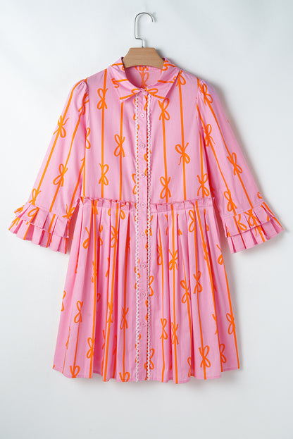 Pink Bowknot Striped Printed Tiered Ruffled Mini Shirt Dress